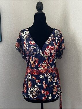 Just Cavalli Y2K Floral Wrap Tie Waist V-Neck Top - Navy/Red